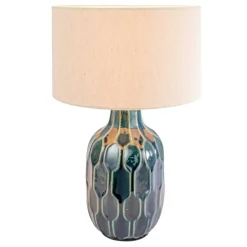 Hello Honey Embossed Ceramic Table Lamp with Linen Shade, Inline Switch and Reactive Glaze, Blue, Set of 2