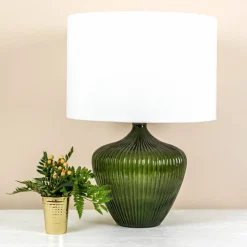 Hello Honey® 2ft. Green Glass Table Lamp with White Drum Shade