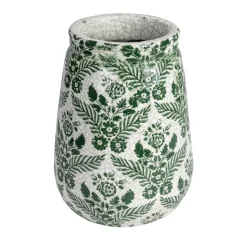 Hello Honey® 10.75" Green & White Flower Patterned Terra Cotta Planter Vase with Crackle Glaze