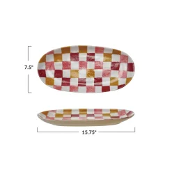 Hello Honey Oval Hand-Painted Stoneware Platter with Check Pattern, Multicolor