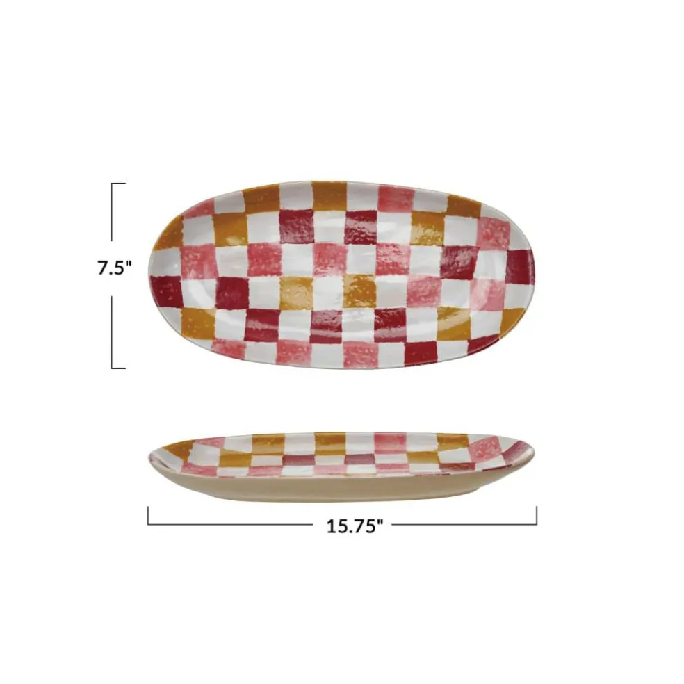 Hello Honey Oval Hand-Painted Stoneware Platter with Check Pattern, Multicolor