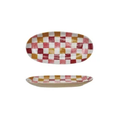 Hello Honey Oval Hand-Painted Stoneware Platter with Check Pattern, Multicolor