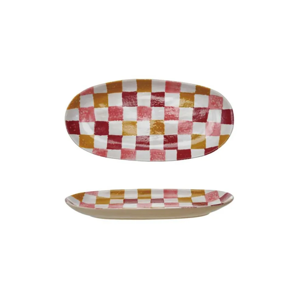 Hello Honey Oval Hand-Painted Stoneware Platter with Check Pattern, Multicolor