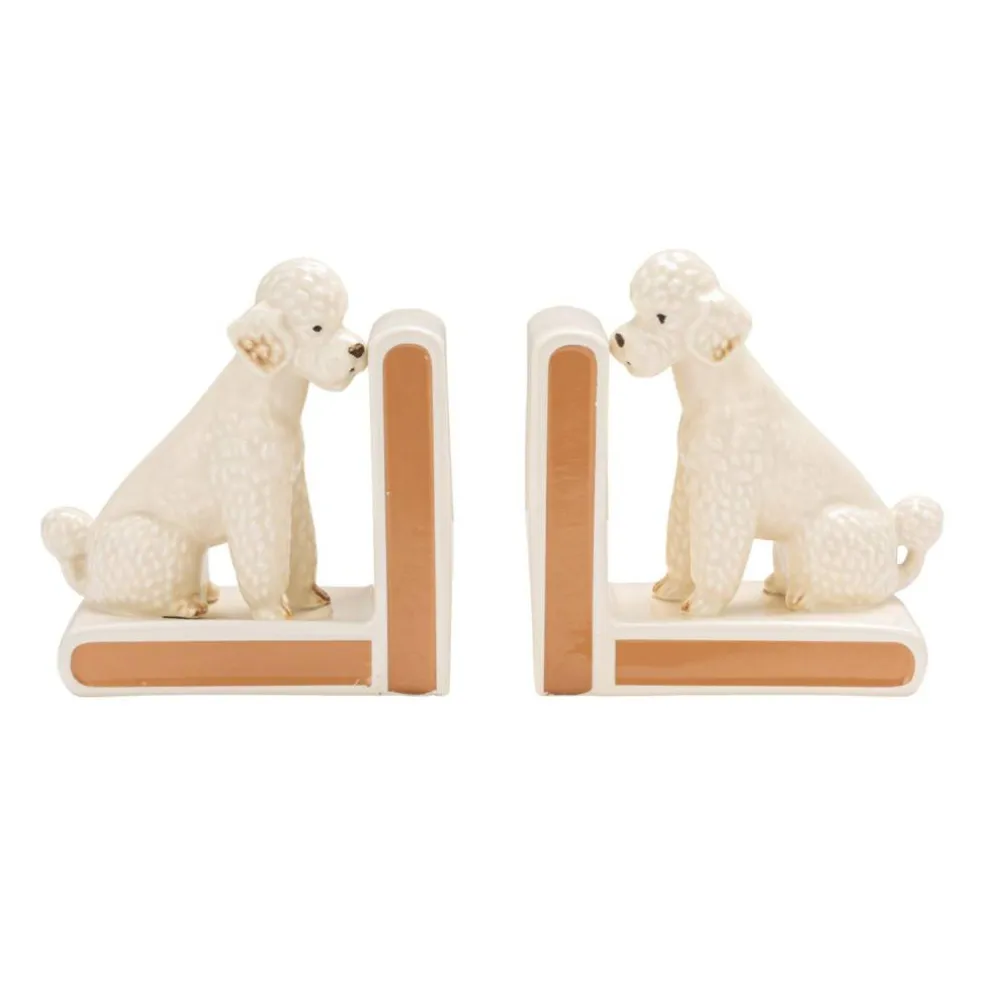 Hello Honey 2-Piece Hand-Painted Stoneware Vintage Poodle Bookends, White and Gold Finish