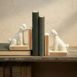 Hello Honey 2-Piece Hand-Painted Stoneware Vintage Poodle Bookends, White and Gold Finish