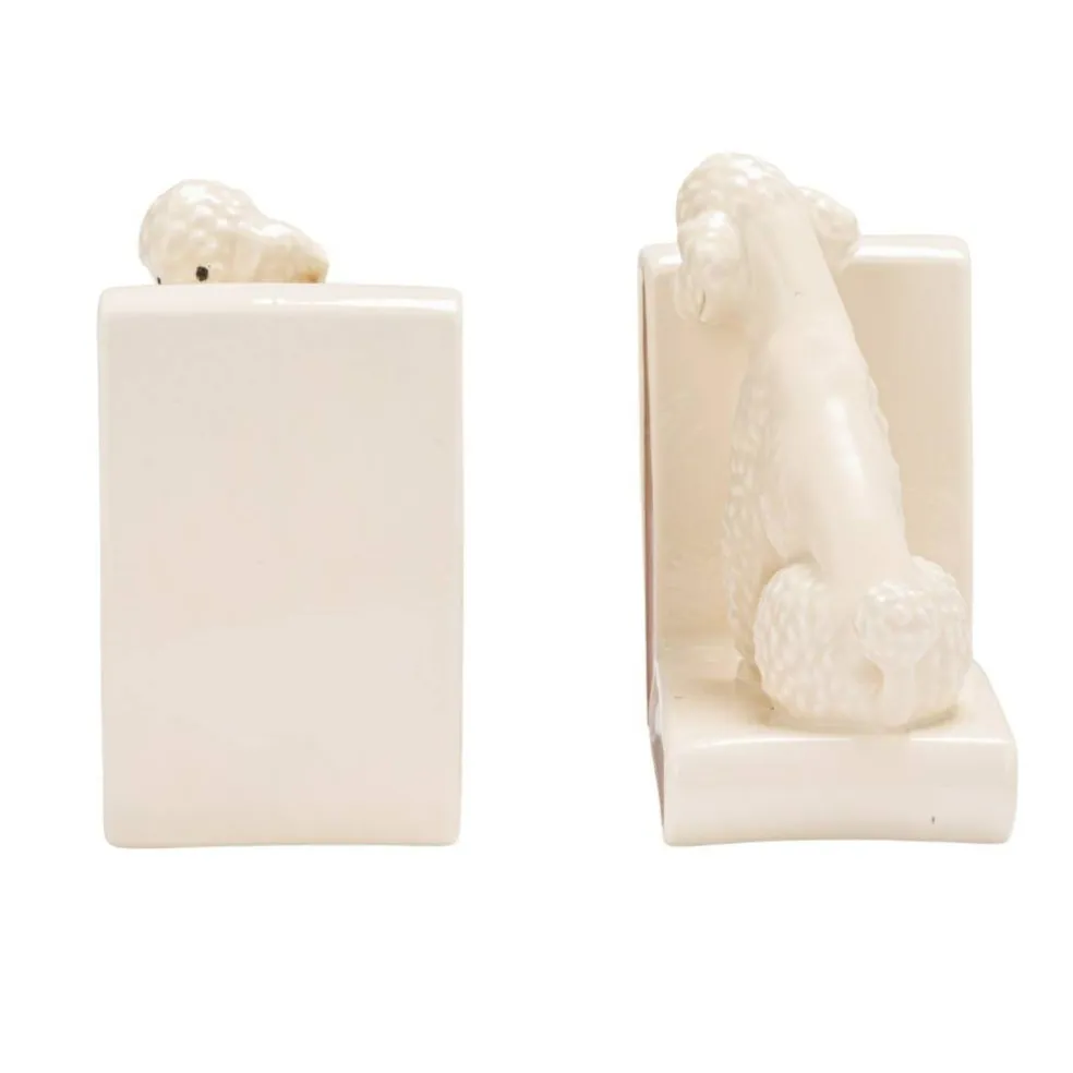 Hello Honey 2-Piece Hand-Painted Stoneware Vintage Poodle Bookends, White and Gold Finish
