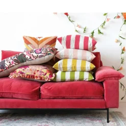 Hello Honey® Red Floral Printed Chambray Back & Ruffle Cotton Velvet Pillow