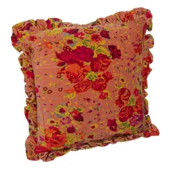 Hello Honey® Red Floral Printed Chambray Back & Ruffle Cotton Velvet Pillow