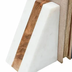 Hello Honey® 6" White Marble Geometric Bookends with Wood Inlay