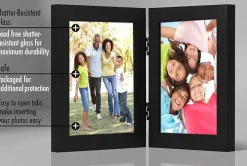 Hinged Double 5x7 Picture Frame, Black Engineered Wood Photo Frame with Shatter-Resistant Glass for Tabletop Display, Signature Collection Folding Dual Photo Frame