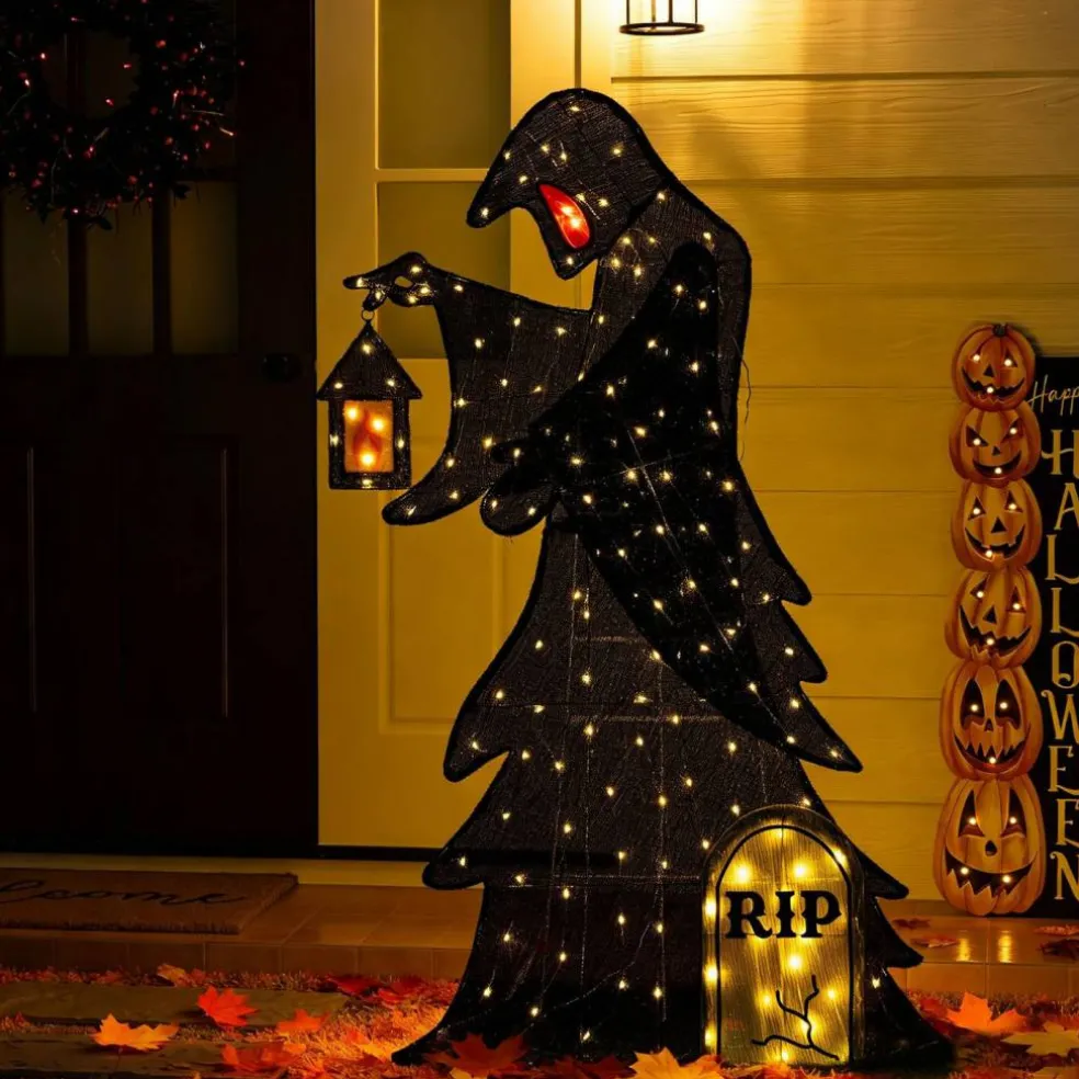 60"H Lighted Halloween 2D Grim Reaper Outdoor Décor with 160 warm White LED Lights