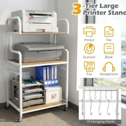 Home Office Rolling Printer Stand 3-Tier with Storage Shelves