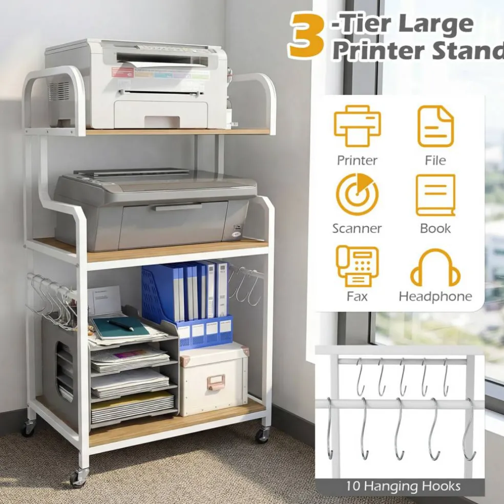 Home Office Rolling Printer Stand 3-Tier with Storage Shelves