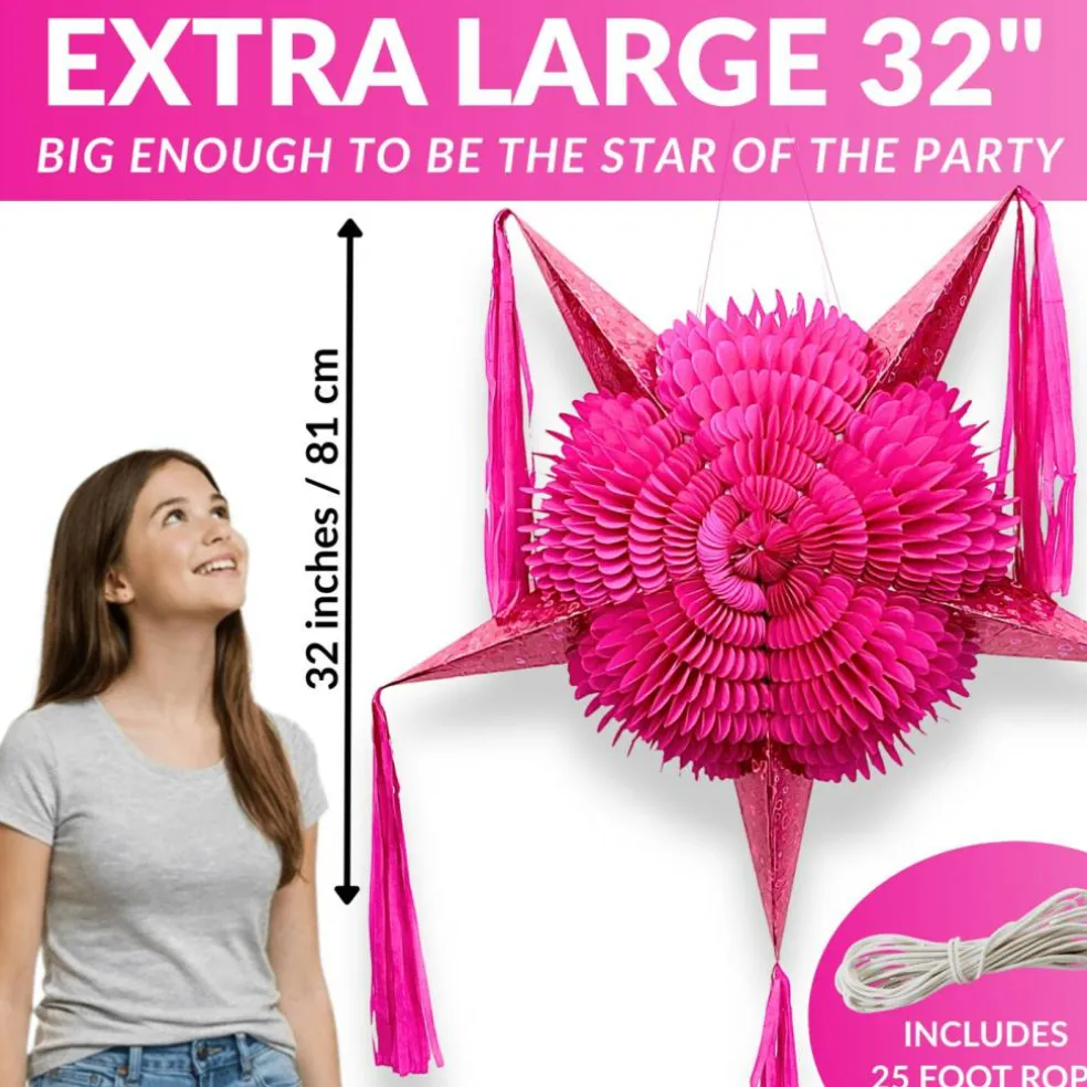 Hot Pink Piñata - Extra Large Mexican Pinata - 32-inches from Tip-to-Tip - Ships Folded