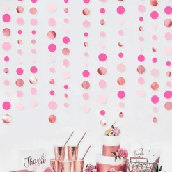 Hot Pink Rose Gold Party Decorations Circle Dots Garland Hanging Polka Dot Streamer for Girls Birthday Bachelorette Baby Shower Wedding Bridal Shower Anniversary Hen Party Supplies