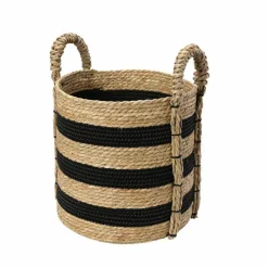 Household Essentials 20" Black & Natural Stripes Braided Basket with Handles