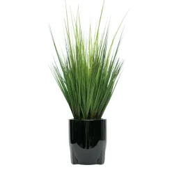 House of Silk Flowers 30" Faux Ornamental Onion Grass in Glossy Black Tripod Ceramic Pot
