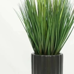 House of Silk Flowers 30" Faux Ornamental Onion Grass in Matte Black Fluted Cylindrical Ceramic Pot