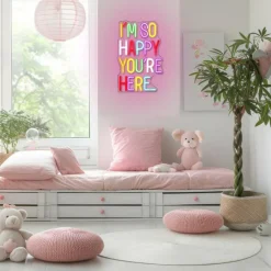 “I’m So Happy You’re Here” Neon Sign – Dimmable LED Positive Affirmation Light, 16.5”x10.6” Classroom & Kids Room Wall Decor, USB Powered Welcome Neon Sign for Classroom, Home, Nursery & Business