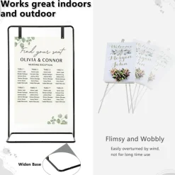 69 Inch Adjustable Wedding Welcome Sign Stand Heavy Duty Black Metal Sign Holder with Leather Straps and Satin Ribbons for Wedding Seating Chart Welcome Sign Party Event Display