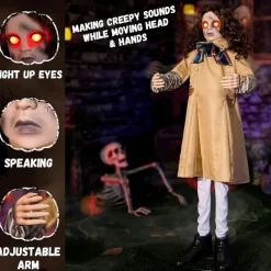 48 Inch Animated Halloween Creepy Doll, 4 Ft Sound Activated Scary Girl with Turning Head, Light-Up LED Eyes & Spooky Sounds, Animatronic Horror Prop for Indoor Outdoor Yard, Haunted House & Party Decor