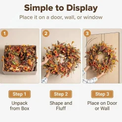 24 Inch Artificial Fall Wreath for Front Door – Large Autumn Harvest Wreath with Orange Yellow Flowers, Berries & Foliage – Thanksgiving Wall Porch Indoor Outdoor Seasonal Farmhouse Home Decor