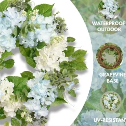 20 Inch Artificial Hydrangea Eucalyptus Wreath for Front Door, Light Blue White Floral Spring Summer Wreath, Farmhouse Easter Wall Porch Indoor Outdoor Decoration