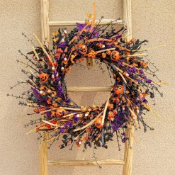 22 Inch Black Halloween Wreath for Front Door, Artificial Halloween Wreath with Pumpkin Heads Candies Berries and Raffia, Spooky Farmhouse Wreath for Porch Wall Mantel Indoor Outdoor Party Decor