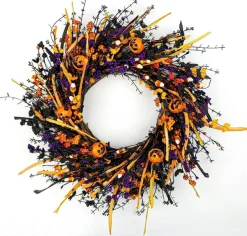 22 Inch Black Halloween Wreath for Front Door, Artificial Halloween Wreath with Pumpkin Heads Candies Berries and Raffia, Spooky Farmhouse Wreath for Porch Wall Mantel Indoor Outdoor Party Decor
