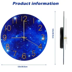 12-Inch Blue Glass Galaxy Wall Clock for Bedroom, Living Room, Office – Frameless Silent Battery Operated Round Clock with Tempered Glass (Requires 1x AA Battery)