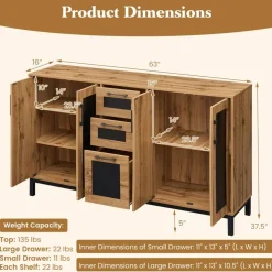 63 Inch Buffet Sideboard Cabinet with 3 Drawers and Double Door Storage Cabinets Modern Kitchen Storage Organizer Console Table