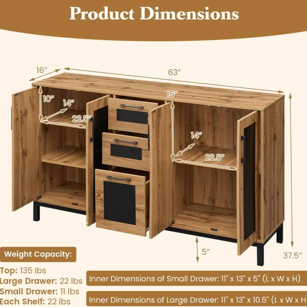 63 Inch Buffet Sideboard Cabinet with 3 Drawers and Double Door Storage Cabinets Modern Kitchen Storage Organizer Console Table