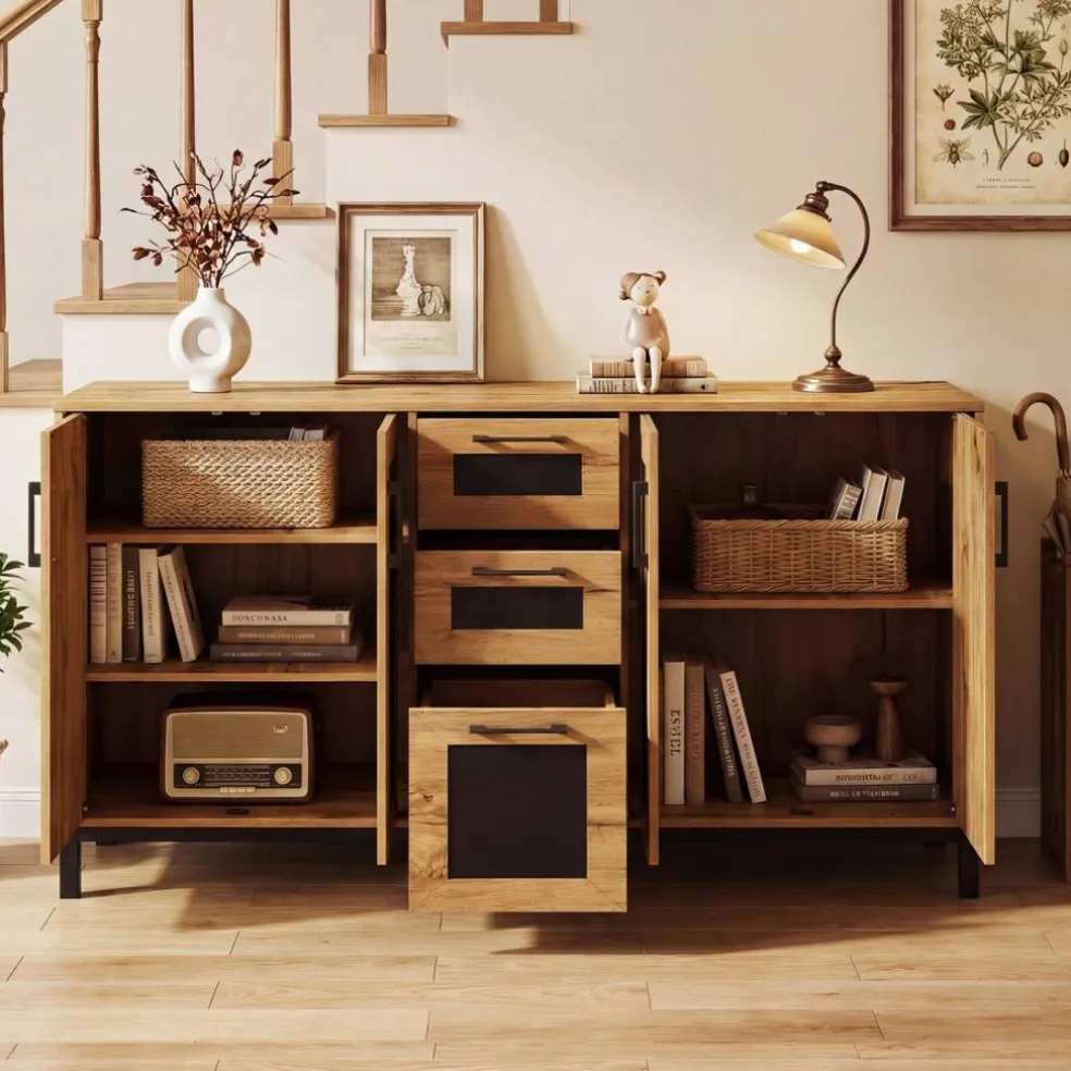 63 Inch Buffet Sideboard Cabinet with 3 Drawers and Double Door Storage Cabinets Modern Kitchen Storage Organizer Console Table