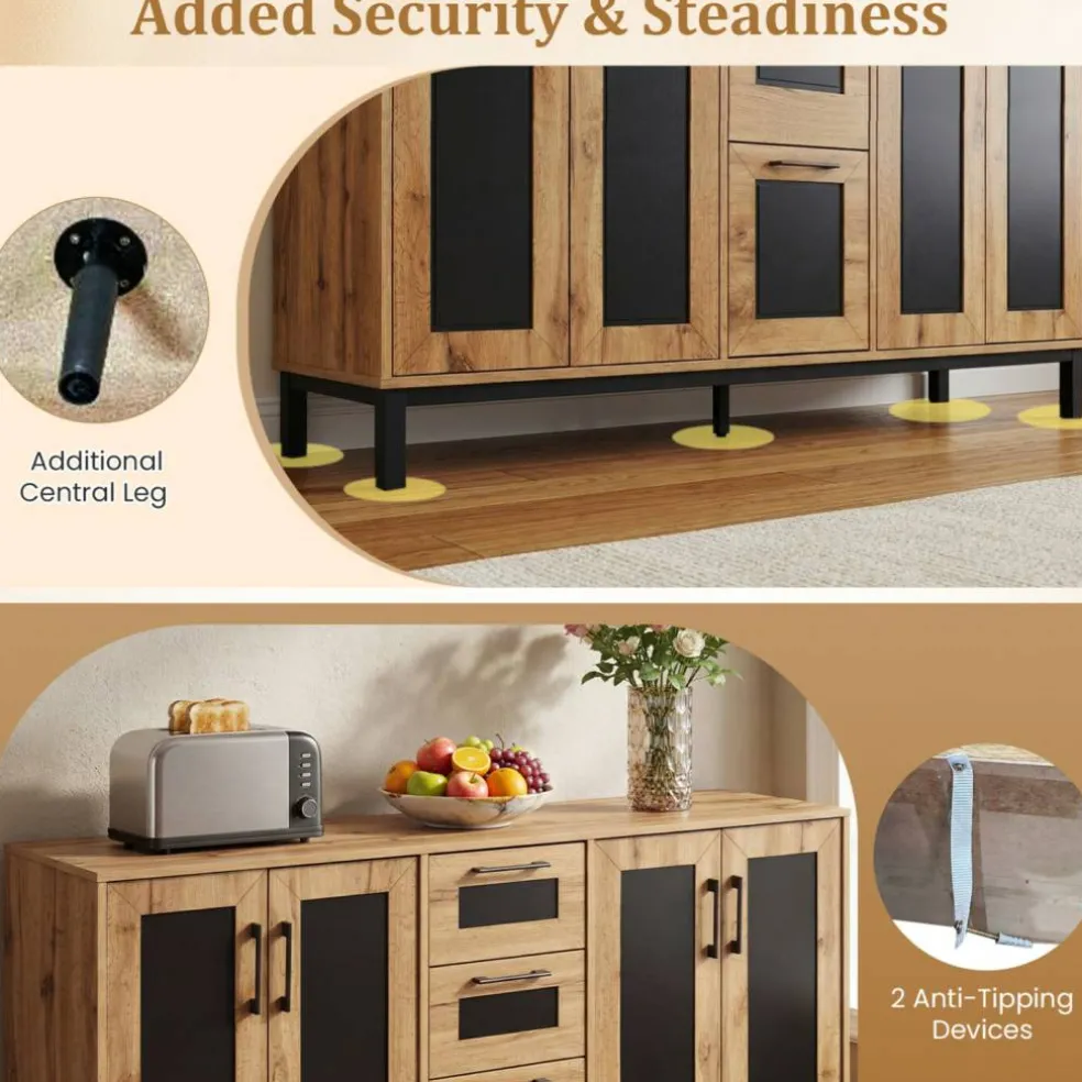 63 Inch Buffet Sideboard Cabinet with 3 Drawers and Double Door Storage Cabinets Modern Kitchen Storage Organizer Console Table