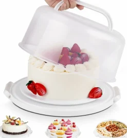 10 Inch Cake Carrier with Lid and Handle, BPA-Free Cake Holder Container with Cupcake Tray, 2-Sided Serving Base for Cake, Pie, Cookies & Food Storage