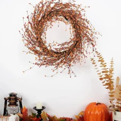 24 Inch Fall Berry Wreath for Front Door, Orange Autumn Wreath with Grapevine Base, Artificial Berry Wreath for Indoor Outdoor Decor, Thanksgiving Wall, Window, Porch & Fireplace Decoration