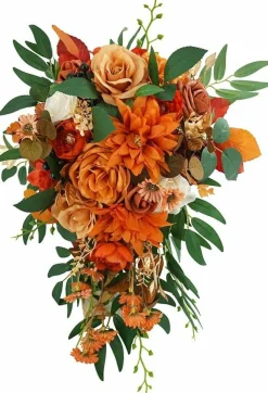11 Inch Fall Burnt Orange Rustic Boho Cascading Bridal Bouquet, Faux Silk Wedding Flowers with Peonies Roses Eucalyptus, Artificial Bridesmaid Bouquet for Autumn Wedding Ceremony Decor