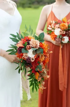 11 Inch Fall Burnt Orange Rustic Boho Cascading Bridal Bouquet, Faux Silk Wedding Flowers with Peonies Roses Eucalyptus, Artificial Bridesmaid Bouquet for Autumn Wedding Ceremony Decor
