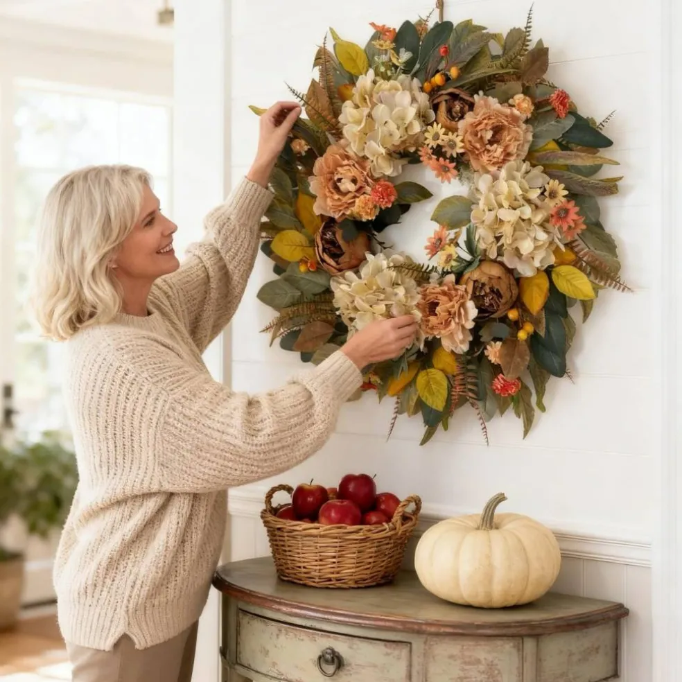 24 Inch Fall Hydrangea Peony Wreath for Front Door