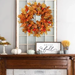 21 Inch Fall Wreath for Front Door, Artificial Autumn Wreath with Orange Maple Leaves Lantern Fruit Berries and Cape Gooseberries for Thanksgiving Harvest Festival Home Decor Indoor Outdoor