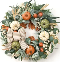 22 Inch Fall Wreath for Front Door – Large Autumn Pumpkin Wreath with Bow, Berries & Harvest Leaves, Thanksgiving Halloween Farmhouse Decor for Outdoor Porch, Entryway, Kitchen, Wall & Indoor Home Decoration