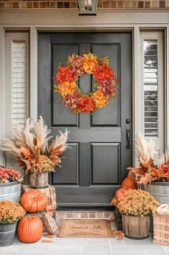 24 Inch Fall Wreath for Front Door, Artificial Hydrangea and Burgundy Floral Autumn Wreath with Orange Flowers for Thanksgiving Decor
