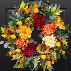 24 Inch Fall Wreath for Front Door, Autumn Harvest Pumpkin Wreath with Sunflower Peony Dahlia Pear Blueberries Eucalyptus & Maple Leaves, Farmhouse Thanksgiving Halloween Door Decor
