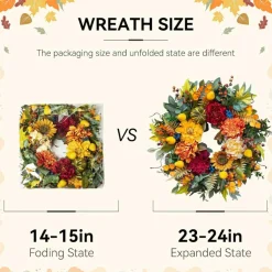 24 Inch Fall Wreath for Front Door, Autumn Harvest Pumpkin Wreath with Sunflower Peony Dahlia Pear Blueberries Eucalyptus & Maple Leaves, Farmhouse Thanksgiving Halloween Door Decor