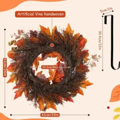20 Inch Fall Wreath for Front Door, Autumn Harvest Wreath with Pumpkins, Maple Leaves, Berries & Pine Cones, Rustic Farmhouse Thanksgiving Decor for Indoor Outdoor Wall, Window & Porch