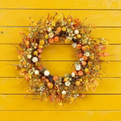 22 Inch Fall Wreath for Front Door, Rustic Autumn Pumpkin Wreath with Orange White Pumpkins Wildflowers and Leaves, Farmhouse Thanksgiving Halloween Decor for Door Wall Window Fireplace