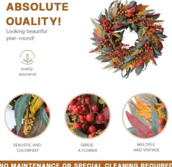 22 Inch Fall Wreath for Front Door, Artificial Berry Willow Leaf Autumn Wreath with Orange Maple Leaves for Thanksgiving Harvest Decor