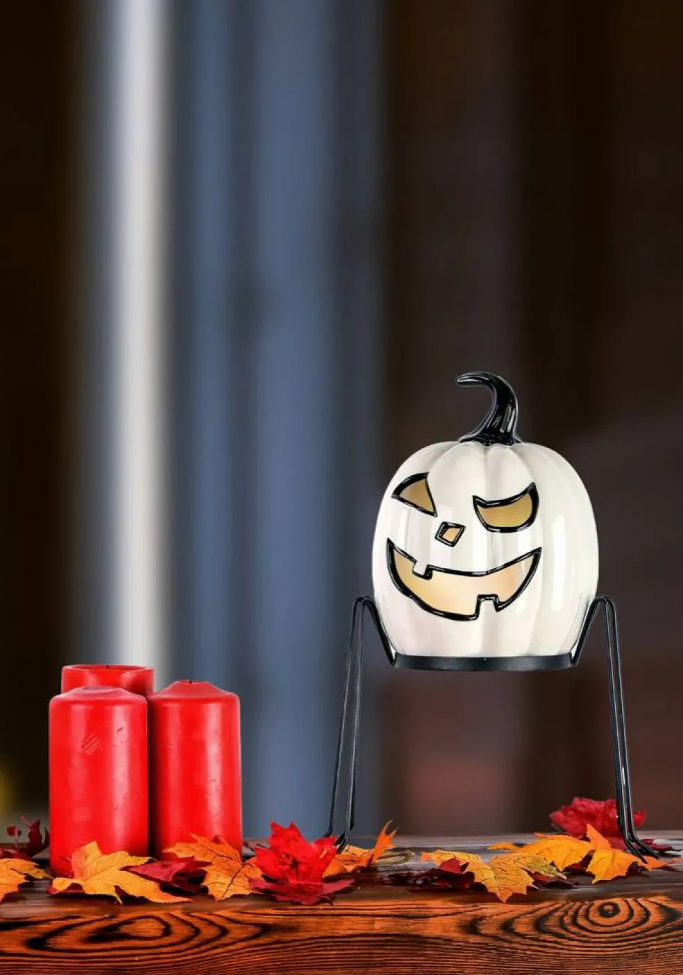 15-Inch Ghost Pumpkin with Metal Holder Decoration