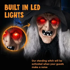 72 Inch Halloween Animatronic Witch Decoration with Cane | Life Size Standing Witch Prop with Light-Up Eyes, Creepy Sound Effects & Moving Arms, Haunted House Outdoor Indoor Halloween Party Decor