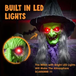 72 Inch Halloween Hanging Witch Decoration Outdoor, Life Size Flying Ghost Witch Prop with Sound Activated Light Up Eyes, Scary Haunted House Party Decor for Yard Garden Front Porch Door